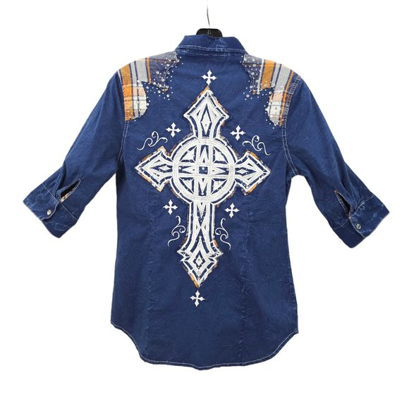 Affliction Snap Front Shirt Womens S Roll Tab 3/4 Sleeve Blue Cross Rhinestones - Picture 4 of 16